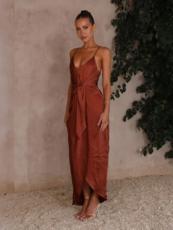 Women's suspender knotted elegant satin dress