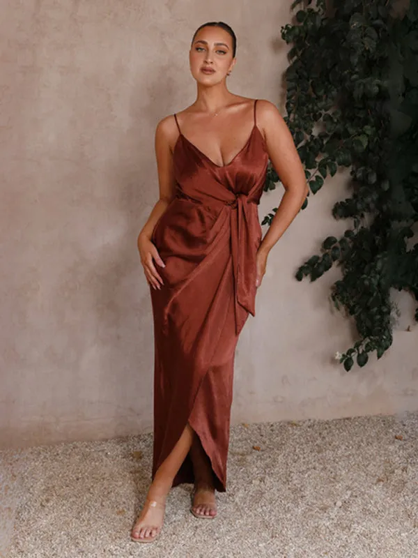 Women's suspender knotted elegant satin dress