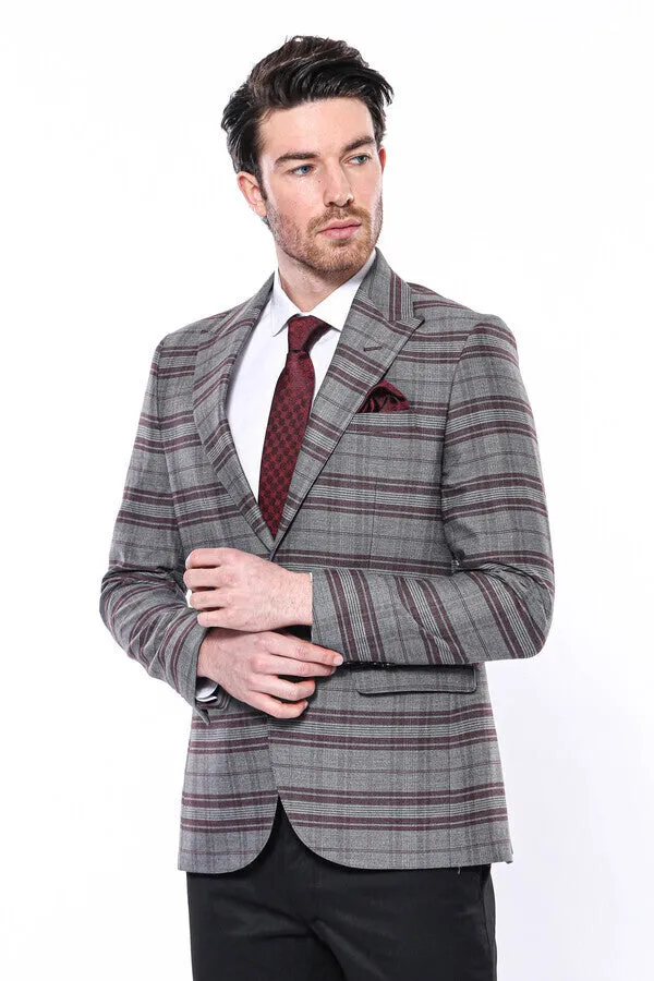 WSS Slim-Fit Checked Burgundy Men Blazer  - Singen