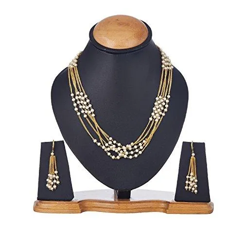Zeneme Hand Made Golden White Pearl Multi Strand Necklace Jewellery For Women/Girls